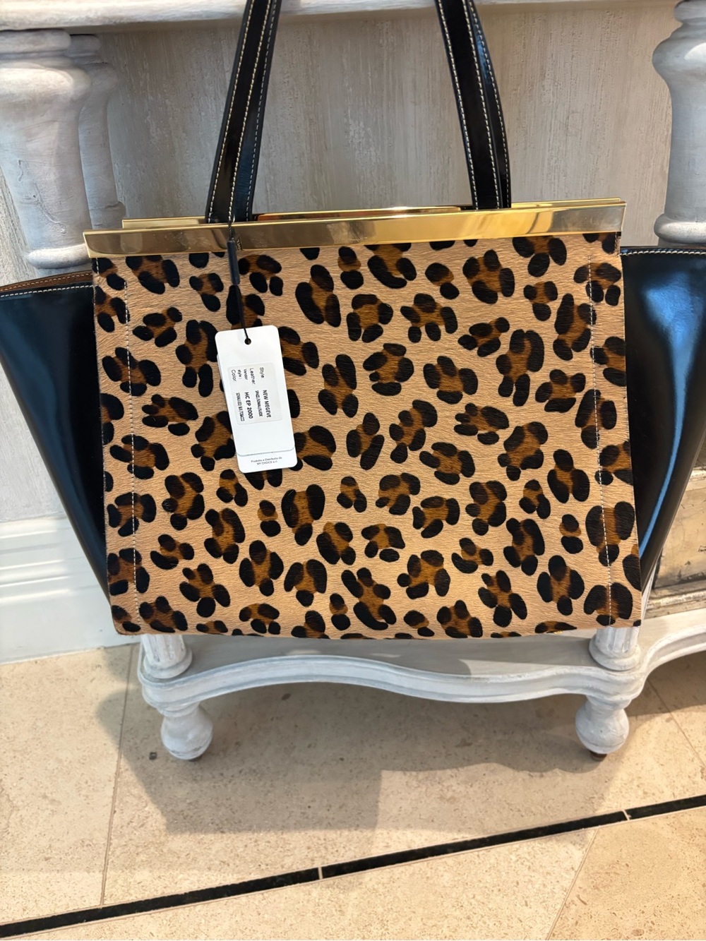 Leopard Print Tote Bag with Black Trim. Alberta Di Canio